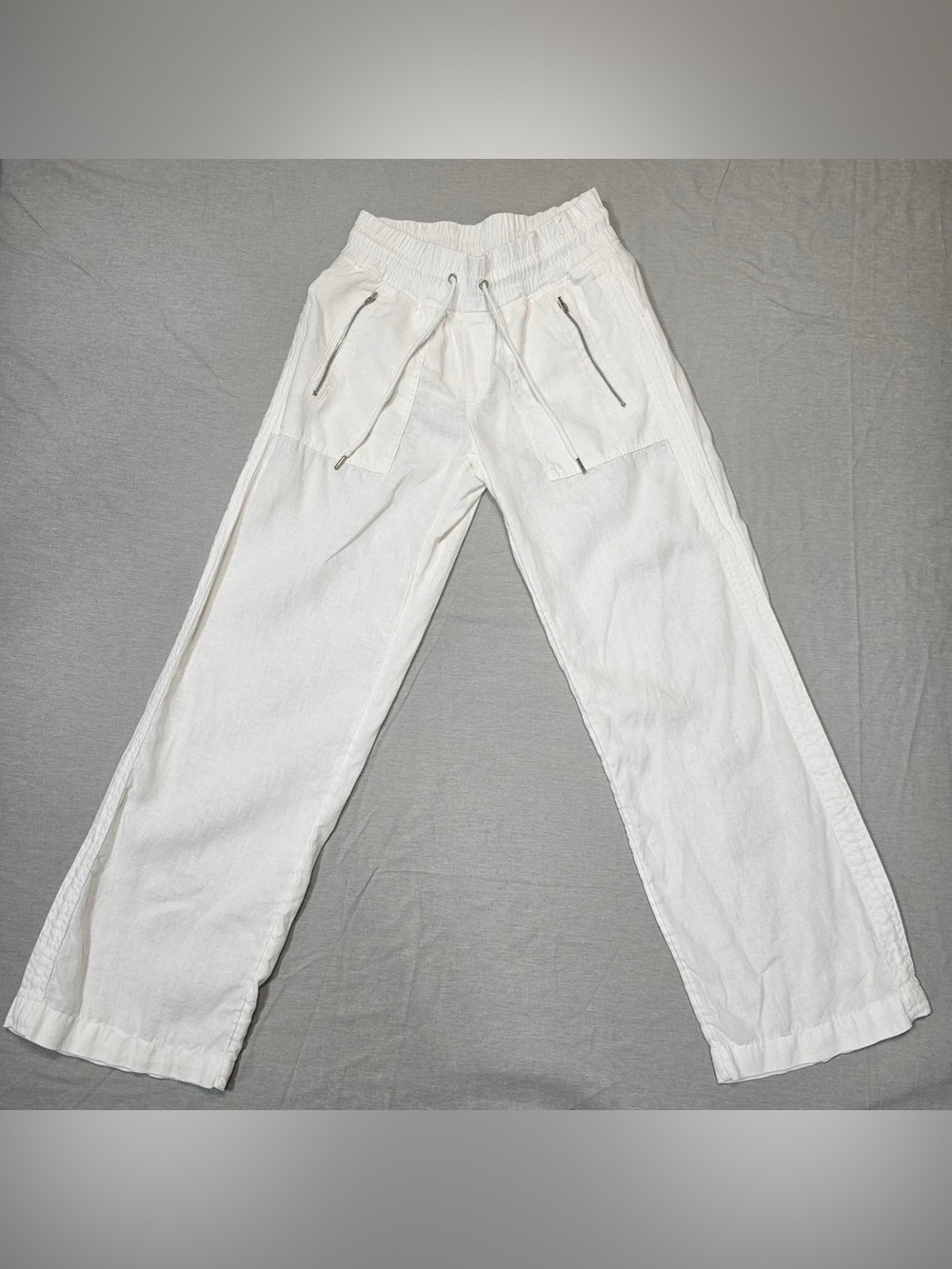 #442 Athleta Cabo White Linen Wide-Leg Pants Size 0 – Drawstring Zip Pockets